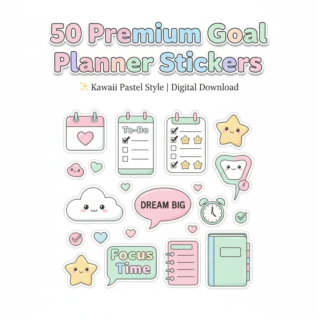 ✨ 50 Premium Goal Planner Stickers | Printable & Digital Planner Pack (3000×3000 px, White Background)