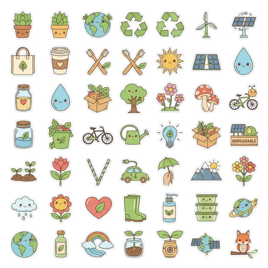 50 Kawaii Eco Stickers Bundle – Cute Save the Planet Digital Stickers for Journals, Planners & Scrapbooks | Instant Download ZIP File