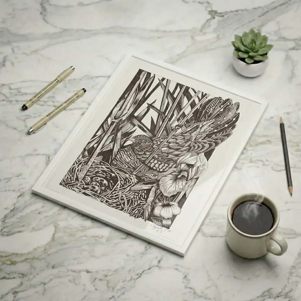 sparrow and nature black pen art 