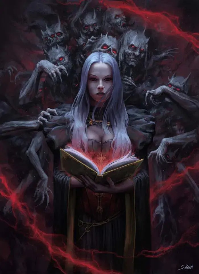 Dark Fantasy Sorceress with Demons | Horror Digital Art Poster
