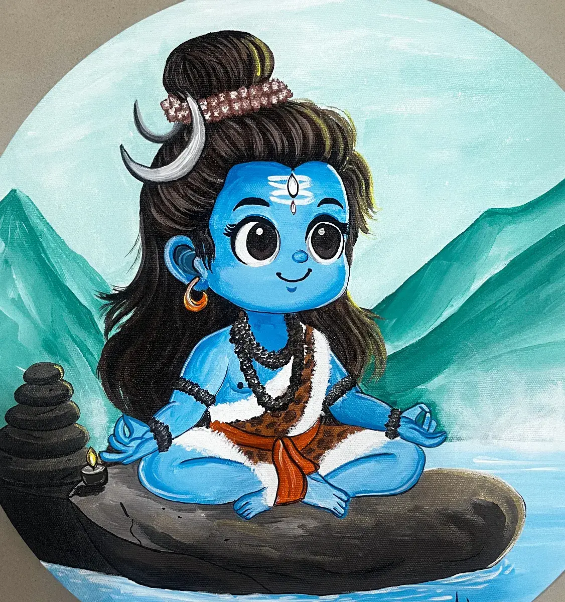 Baby Shiva Acrylic Painting on Round Canvas (40 cm) | Framed with Hanging Hook | Handmade Spiritual Art