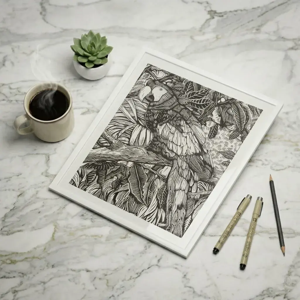 Hand-Drawn Macaw Bird & Nature Ink Artwork (Framed